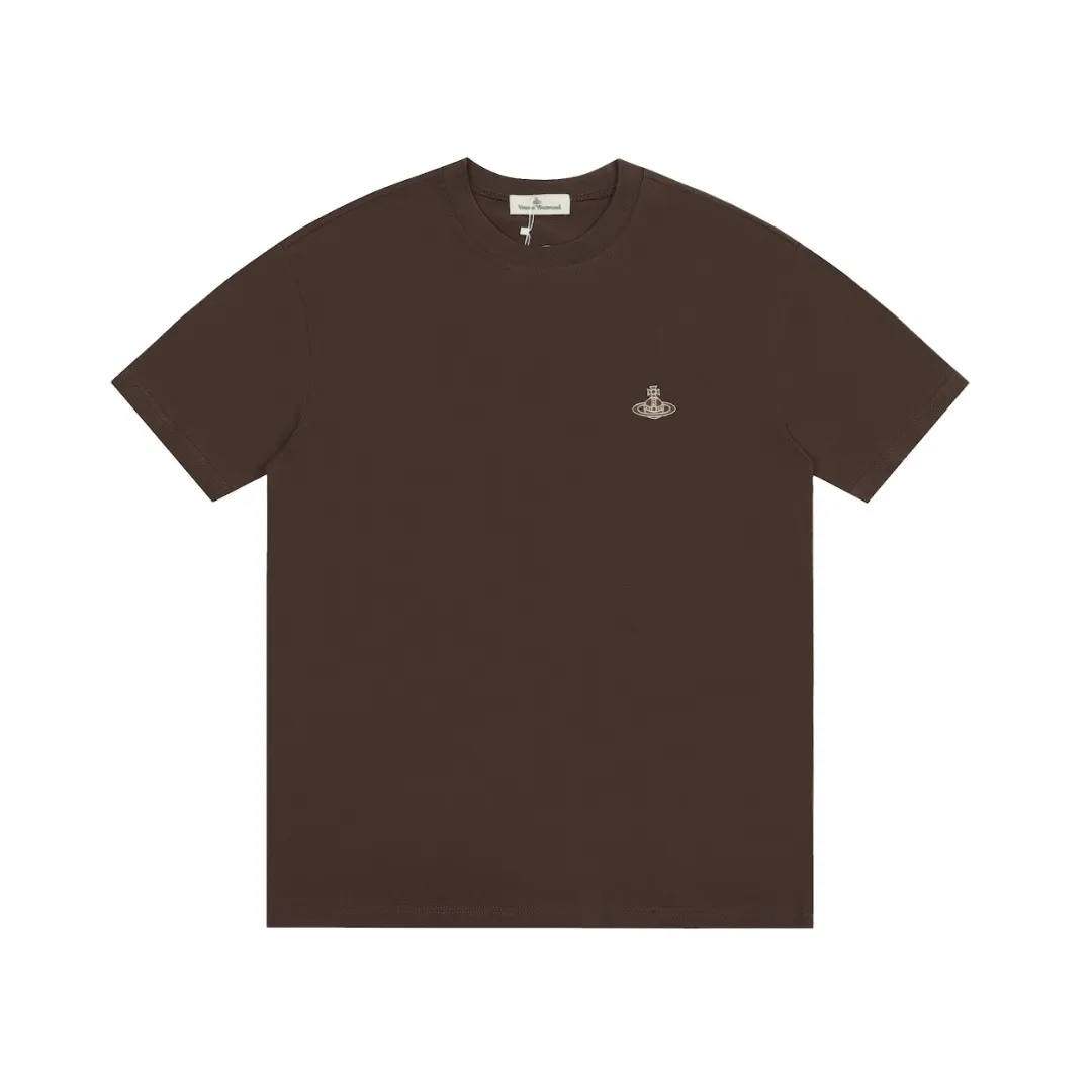vivienne west wood Queen Mother West Jingdong Maillard color matching small label embroidered short-sleeved color matching high-end niche fashionable must-have matching style 2024 top hot style No need to say more details directly open the full range of correct accessories every detail is completely restored and directly filled up Size: XS-L Color: coffee apricot